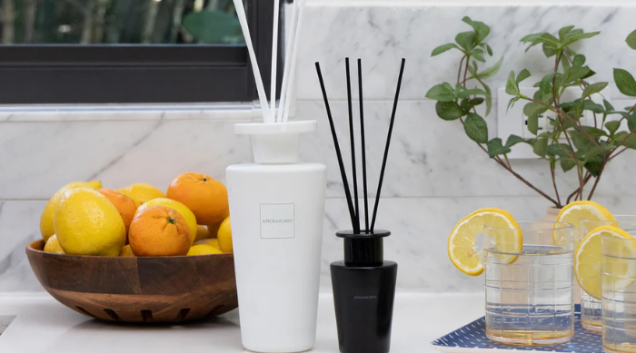 Aroma360 Reed Diffusers displayed in kitchen getting rid of cooking scents naturally