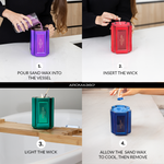 Bougie Sand Wax Set with eco-friendly wax pearls in a refillable metallic vessel. Scented and sustainable.